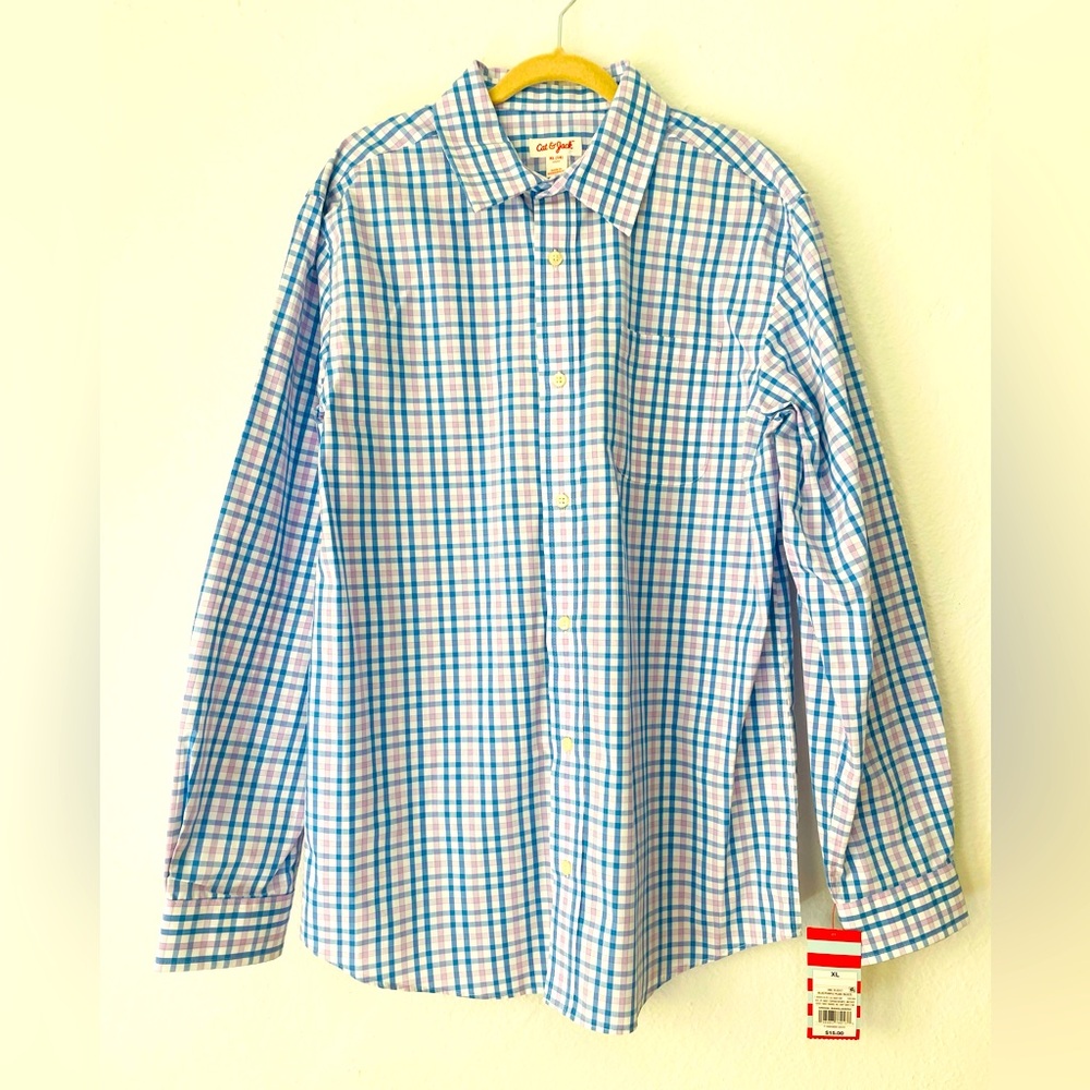NWT Cat & Jack Boys Blue/Pink Checkered Button down Shirt XL